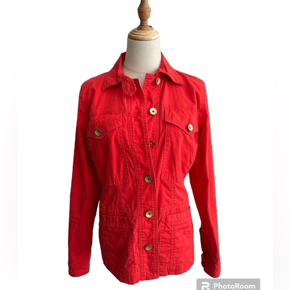 Cabi Taylor Button Down Ruffle Vintage Lobster Orange Red 727 Jacket Size Small - Picture 2 of 9